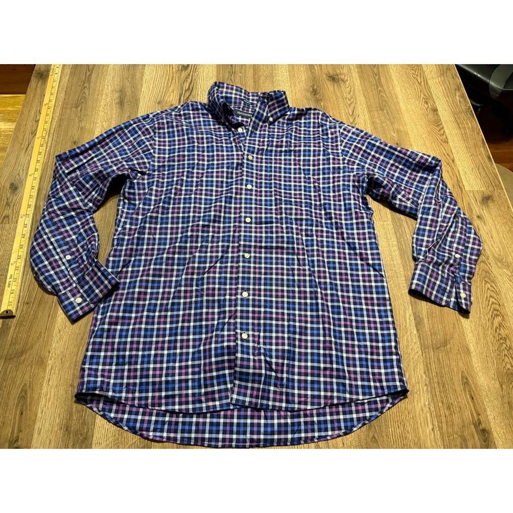 Hathaway Shirt Mens Size L Purple Plaid Button Down Non-Iron Long Sleeve Cotton